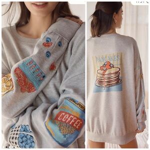Anthropologie Embroidered Crewneck Sweatshirt Pancake Brunch Sz Large